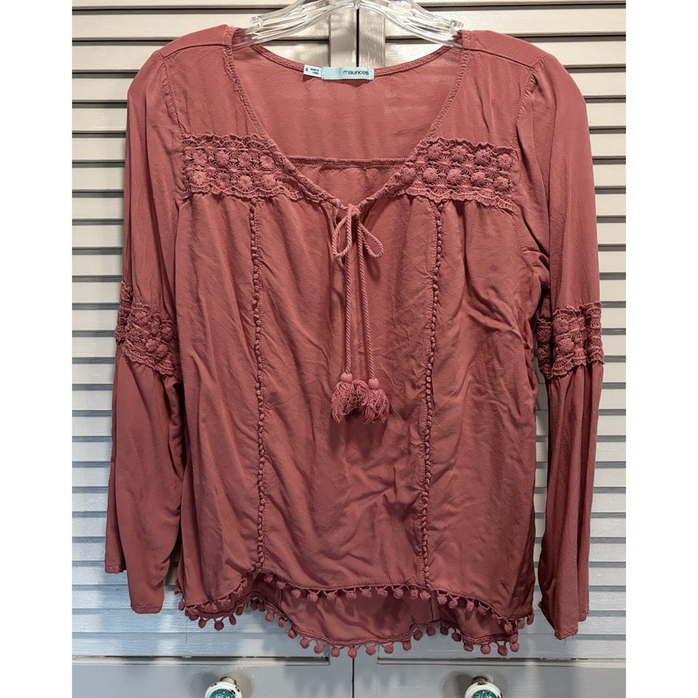 Maurices Long Flare Sleeve Crochet Tie Neck Shirt Size Small High/Low Clay Color